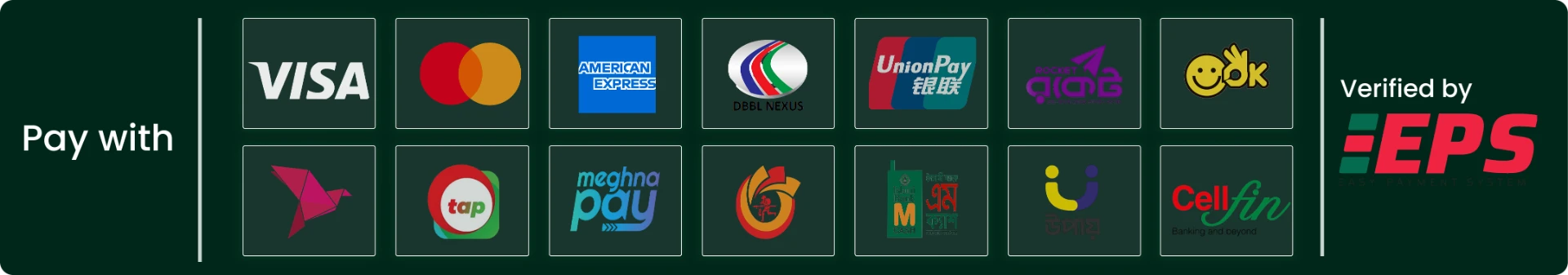 Accepted payment methods — Visa, Mastercard, American Express, bKash, Nagad, Rocket, Upay, tap, Meghna Pay, CellFin, OK Wallet — verified by EPS