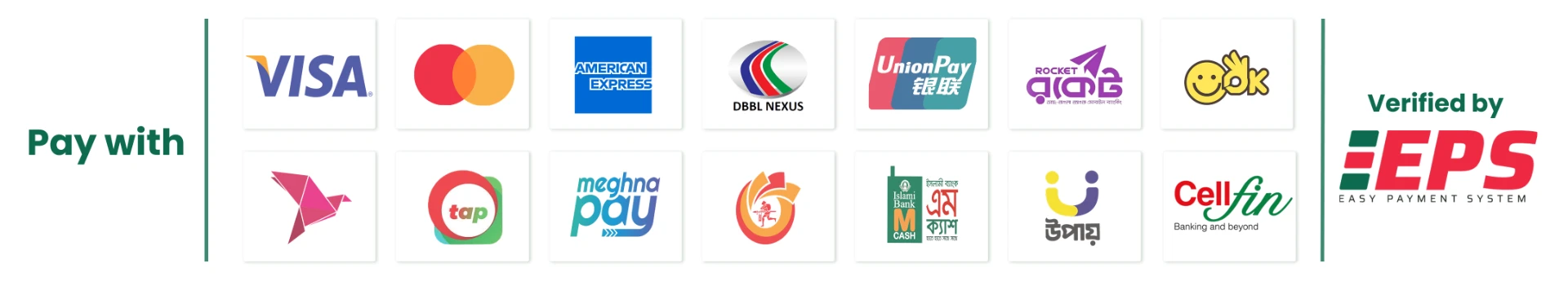 Accepted payment methods — Visa, Mastercard, American Express, bKash, Nagad, Rocket, Upay, tap, Meghna Pay, CellFin, OK Wallet — verified by EPS